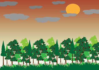 Abstract Image. Sunset landscape of illustration forest with background gradiendient in summer.