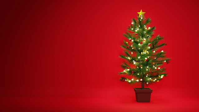 赤い背景にクリスマスツリーの画像。