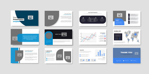 Fototapeta na wymiar Business presentation slide. powerpoint template design backgrounds. Blue color slide presentations on a white background. Corporate report, marketing, advertising, annual report, banner.