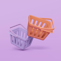 3d render. Two empty shopping basket supermarket on a purple background. 3D rendering illustration.
