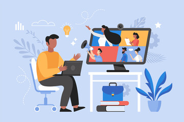 Online business meeting, and video conference concept.  Businessman working at home. Teamwork thinking and brainstorming vector illustration