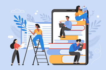 Online education amd e-learning concept. Students reading books on electronic library. Back to school vector illustration - obrazy, fototapety, plakaty