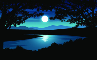 night landscape with moon and river