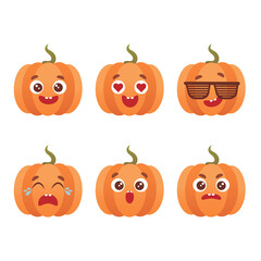 Cute helloween pumpkins with different emotions isolated on white background