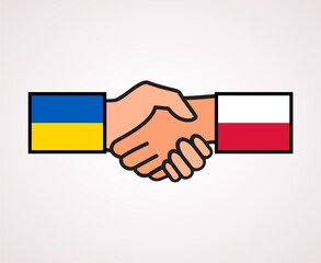 Handshake of Poland and Ukraine. Symbol of help, military and economic support. Vector sticker for meeting and talks between Polish and Ukrainian leaders. Two hands are decorated with national flags