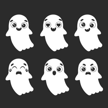 Cute white helloween ghosts with different emotions isolated on black background