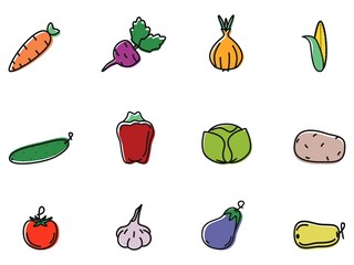 Vegetables. Icons. Food set. Graphics. Vector. Doodle. Linear drawing in color. Can be used for web design