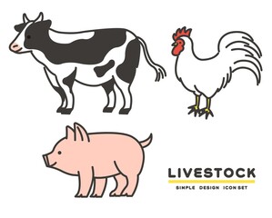 シンプルでかわいい牛、豚、鶏の畜産関係の動物のアイコンベクターイラスト素材／畜産／食材