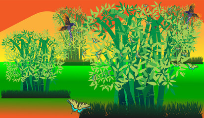 Obraz premium illustration of lush bamboo scenery and mountains in orange and yellow colors accompanied by butterflies and birds
