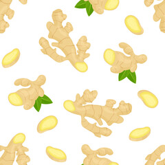 Ginger root, slices and green leaves on a white background. Vector seamless pattern. Cartoon flat illustration of healthy food.