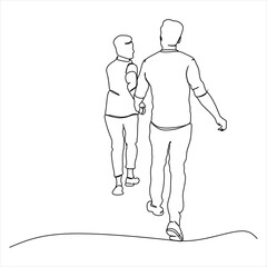 Continuous line drawing of male friends walking in an embrace, two young people hugging back view, Male friendship concept.