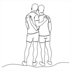 Continuous line drawing of male friends walking in an embrace, two young people hugging back view, Male friendship concept.