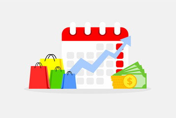 Illustration of income growth because shopping promo event. Increase in monthly income and financial growth. - obrazy, fototapety, plakaty