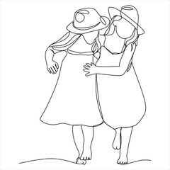 One continuous line drawing of two girl friends