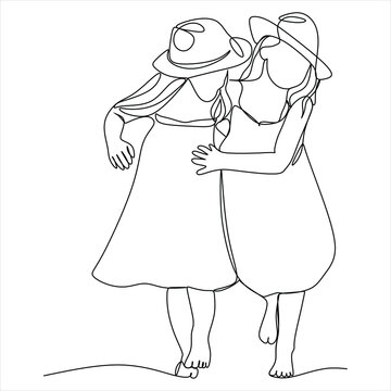 One continuous line drawing of two girl friends