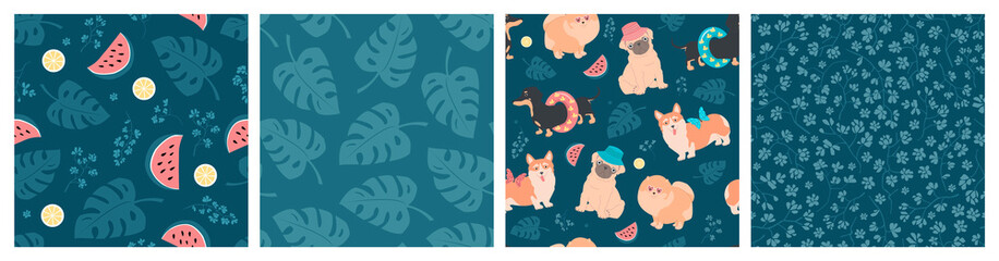 Set of seamless vector patterns of different dogs, lemons, watermelons, leaves, flowers and monstera. Summer simple light illustrations.