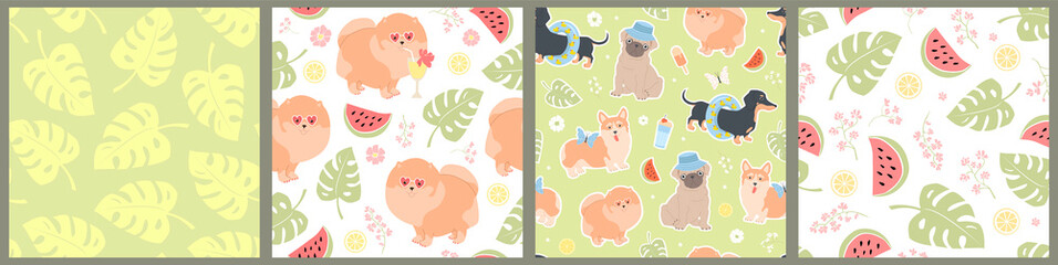 Set of seamless vector patterns of different dogs, lemons, watermelons, leaves, flowers and monstera. Summer simple light illustrations.