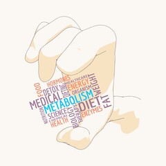 Hand holding words cloud of metabolism. Concept of human health