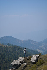 Traveler guy standing on cliff side rock and beautiful cedar tree forest in background