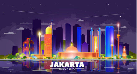 Jakarta (Indonesia) night city skyline on a skay background. Flat vector illustration. Business travel and tourism concept with modern buildings. Image for banner or web site.