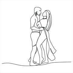 One continuous, single line  drawing of a woman and a man. Hugs of a young couple, lovers, woman and man. Doodles. Romantic.
