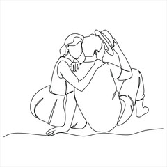One continuous, single line  drawing of a woman and a man. Hugs of a young couple, lovers, woman and man. Doodles. Romantic.