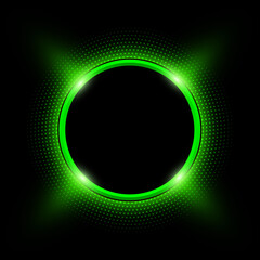 Green sparkling ring with glitter on black background. Vector shiny button with green halftone, dots pattern around, vector illustration.