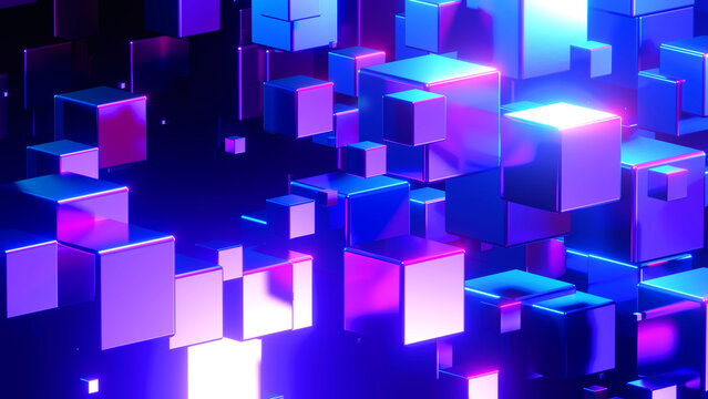 Fototapeta Abstract technology background with 3D cubes in space, purple blue neon glowing cubes on black, 3D render illustration. 