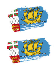 Set of two creative brush painted flags of Saint Pierre and Miquelon country with solid background
