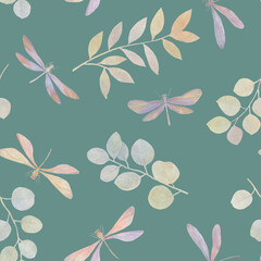 Dragonfly and leaves watercolor abstract background for design, print, wallpaper, textile. Seamless botanical pattern painted in watercolor digitally processed.