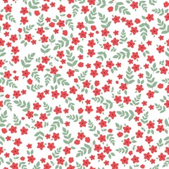 Simple vintage pattern. Small red flowers, green leaves. White background. Fashionable print for textiles and wallpaper.