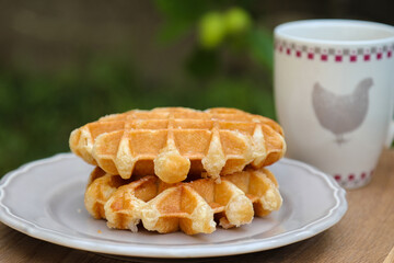 Belgian waffle with chocolate spread. Wafers. Dessert. American waffles. We made waffles at home. Breakfast. Coffee with waffles
