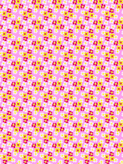 Vivid simple spring summer seamless floral pattern Small delicate white, yellow and red flowers on a bright pink background Baby doll Ditsy floral dress print Flat lay design Folk, rustic, cottage dec