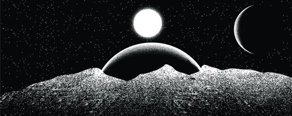 Star and planet in space. Futuristic landscape, with noise texture . Night landscape with starry sky .Vector illustration © miloje