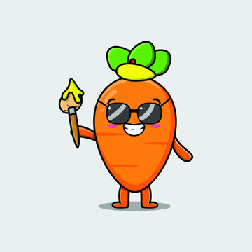 Cute cartoon character Carrot painter with hat and a brush to draw in cute design style design 