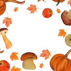 seamless watercolor pattern of mushrooms, juicy ripe red apple, orange pumpkin, maple leaf. On white background. autumn illustration, hand drawn. For card design, invitation, scrapbooking, printing