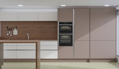 cooking room with a dinning table - wall. 3D rendering.