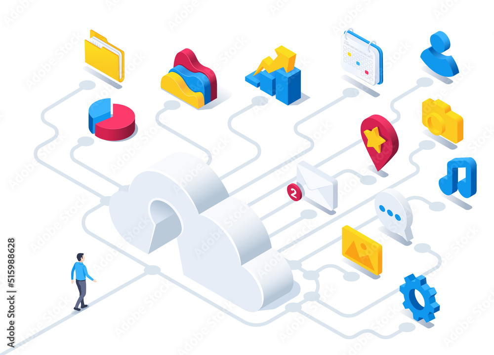 Poster isometric vector illustration on a white background, a man goes to the cloud through the keyhole to 