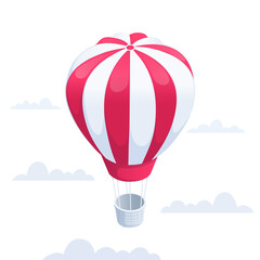 isometric vector illustration on a white background, hot air balloon flies in the sky among the clouds, promotion or advertising