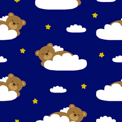 Vector seamless pattern with sleepy teddy bears, clouds and stars