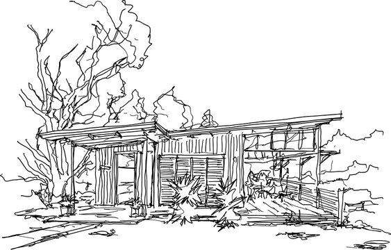 hand drawn architectural sketch of beautiful classic tropical detached house with garden  and trees