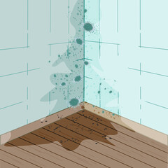 Mold on walls and floor. Mold on wall in bathroom or living room. Mildew in shower.Stains on wall and flooring.Concept of condensation, damp, high humidity and respiratory problems.Vector illustration - obrazy, fototapety, plakaty