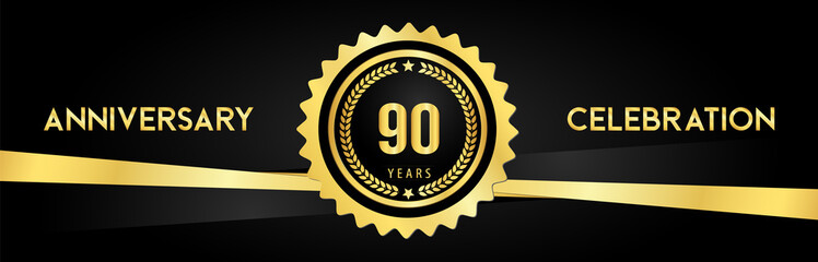 90 years anniversary celebration with gold badges and laurel wreaths isolated on luxury background. Premium design for banner, poster, happy birthday, graduation, invitation card.