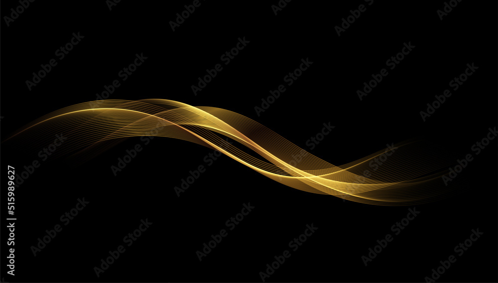 Poster Abstract Gold Waves. Shiny golden moving lines design element on dark background for greeting card and disqount voucher.