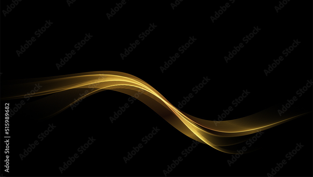 Poster Abstract Gold Waves. Shiny golden moving lines design element on dark background for greeting card and disqount voucher.