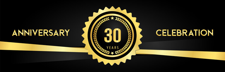 30 years anniversary celebration with gold badges and laurel wreaths isolated on luxury background. Premium design for banner, poster, happy birthday, graduation, invitation card.