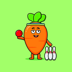 Cute cartoon carrot character playing bowling in flat modern style design