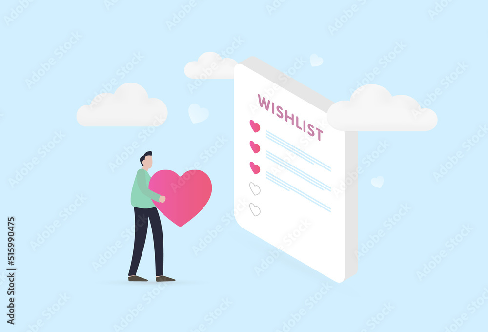 Poster add to wishlist concept illustration. the character carries a heart as a metaphor for adding a produ