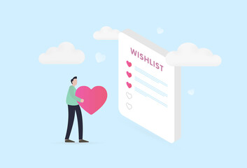 Add to wishlist concept illustration. The character carries a heart as a metaphor for adding a product or service to your favorites wishlist