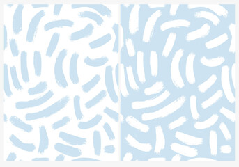 Abstract Hand Drawn Childish Style Vector Patterns. Brush Stroke Spots on White and Pastel Blue Background. Modern Geometric Seamless Pattern. Irregular Freehand Repeatable Print ideal for Fabric.